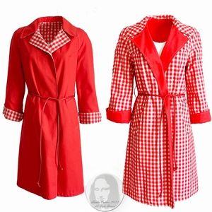 Rain Coat with Leather Belt Reversible Gingham Check Red White Vintage Sz 8